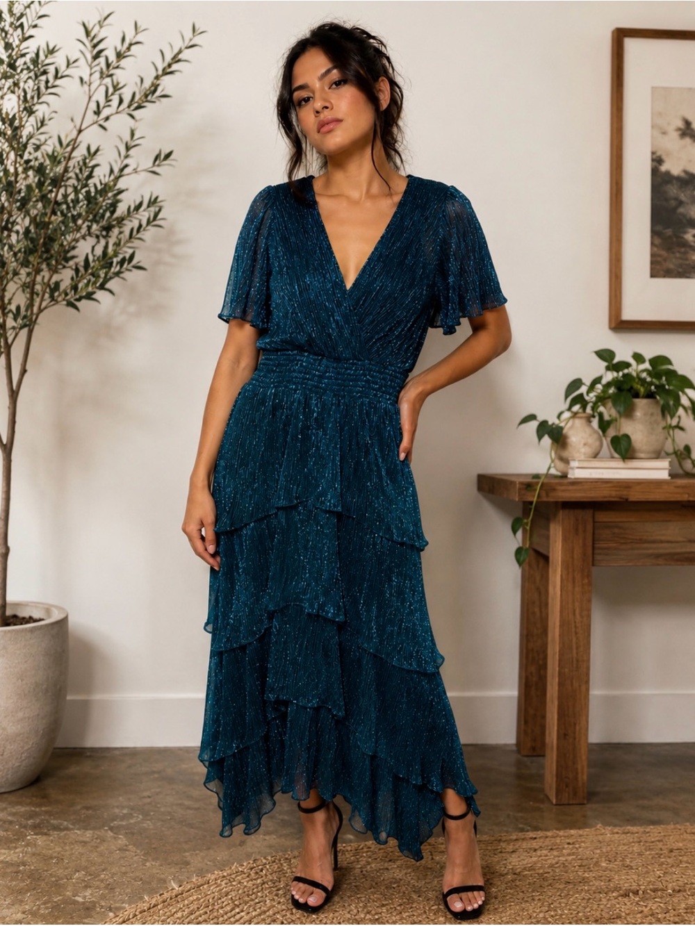 Kensie Teal Shimmer Tiered Maxi Dress